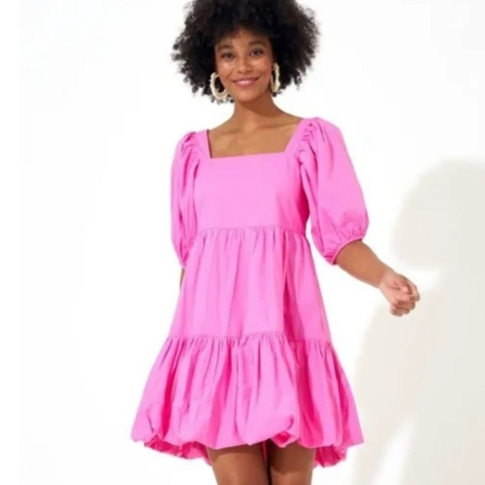 Oliphant Pink Puff Sleeve Tiered Cotton Mini Dress Smocked Back XXS